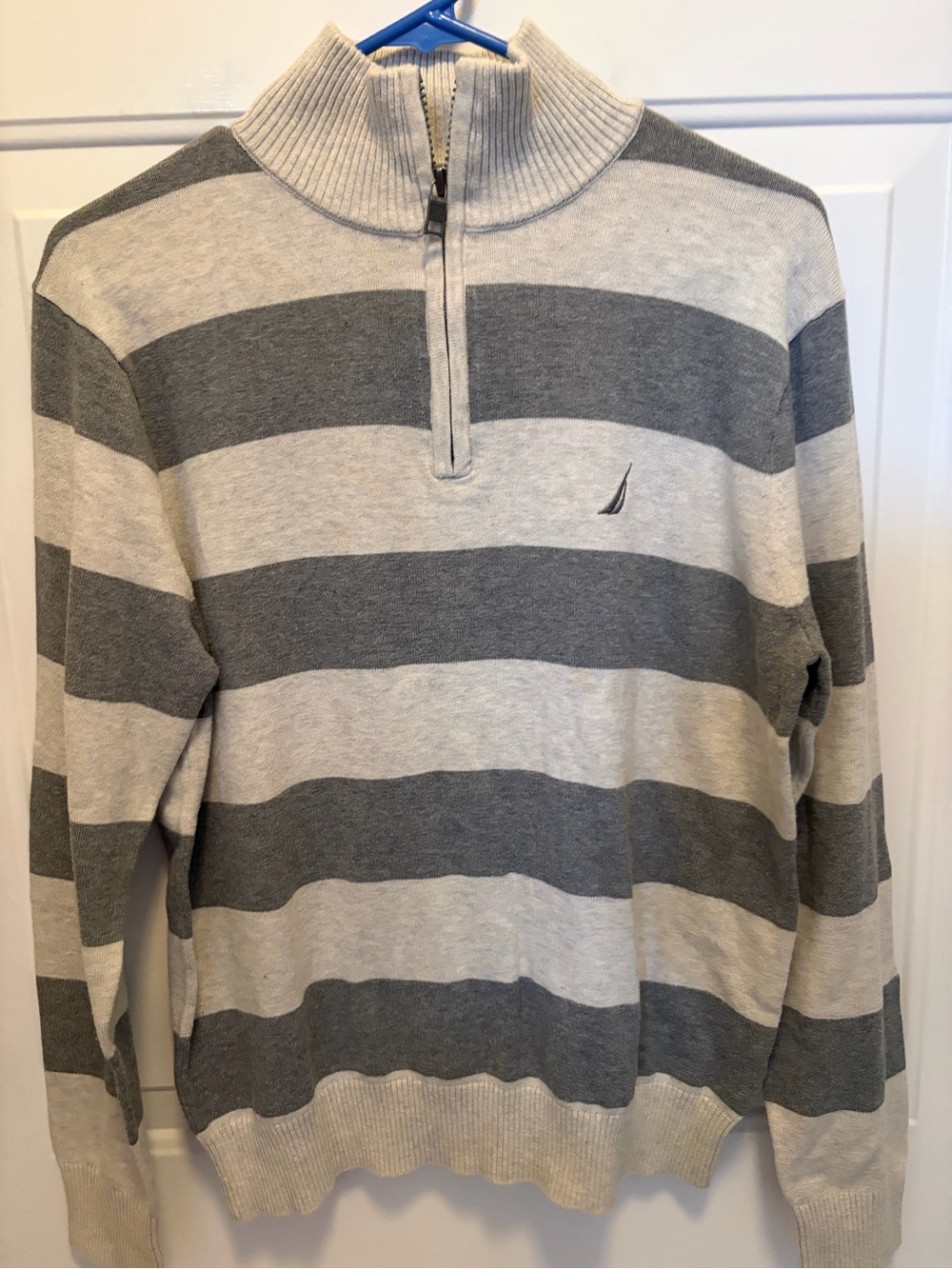 Nautica Men's Gray and Light Gray Striped Quarter-Zip Sweater